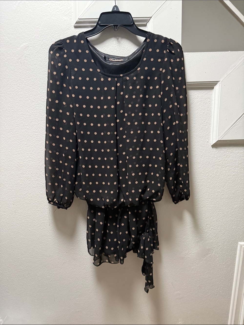 Black Polka Dot Long-Sleeve Blouse with Tie Waist
